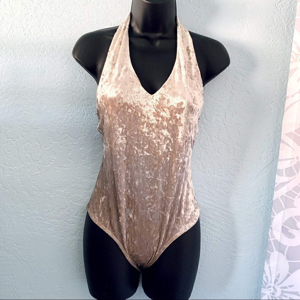 LA Hearts Champagne Crushed Velvet Halter Bodysuit Size XS